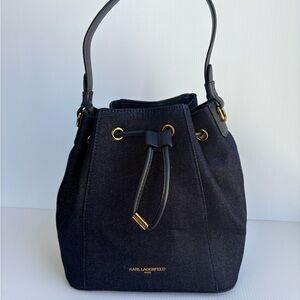 Karl Lagerfeld Adele  Dark Blue Denim Bucket Bag with Gold Accents